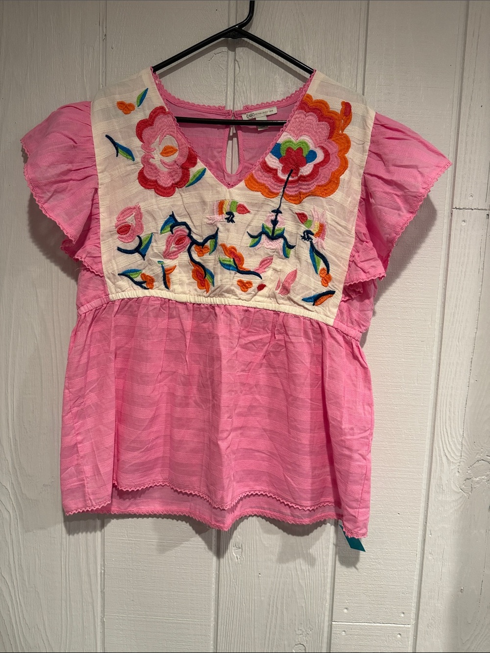 Cato Pink Embroidered Flutter-Sleeve Peasant Top